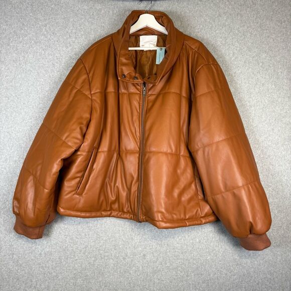 Anthropologie Women's Size 3X Plus Brown Faux Leather Bomber Jacket Coat NEW